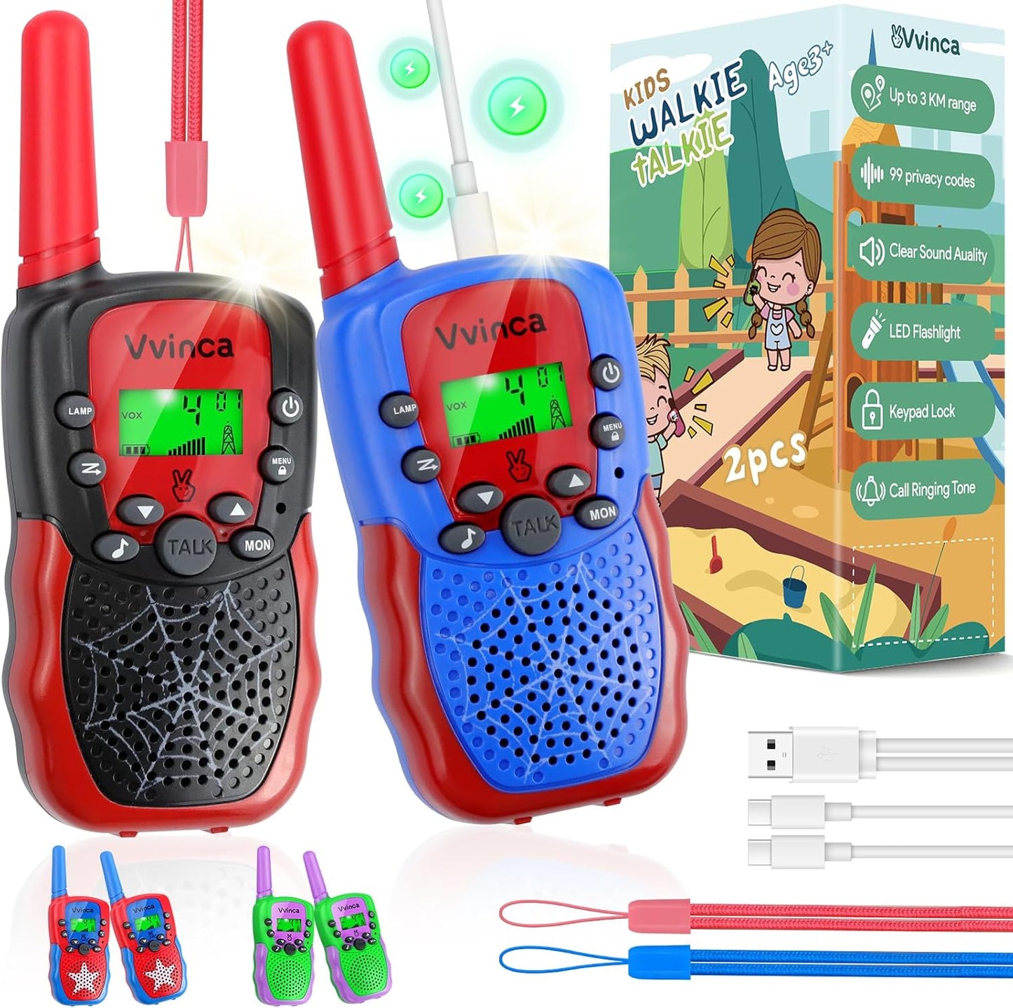 Vvinca Walkie Talkies for Kids Rechargeable, Spider Toys for Ages 3 4 5 6 7 8 9 10 Boys Girls Christmas Birthday Gifts for 3-12 Year Old, 2 Way Radio 22 CH VOX Long Range Walkie Talkie with Flashlight