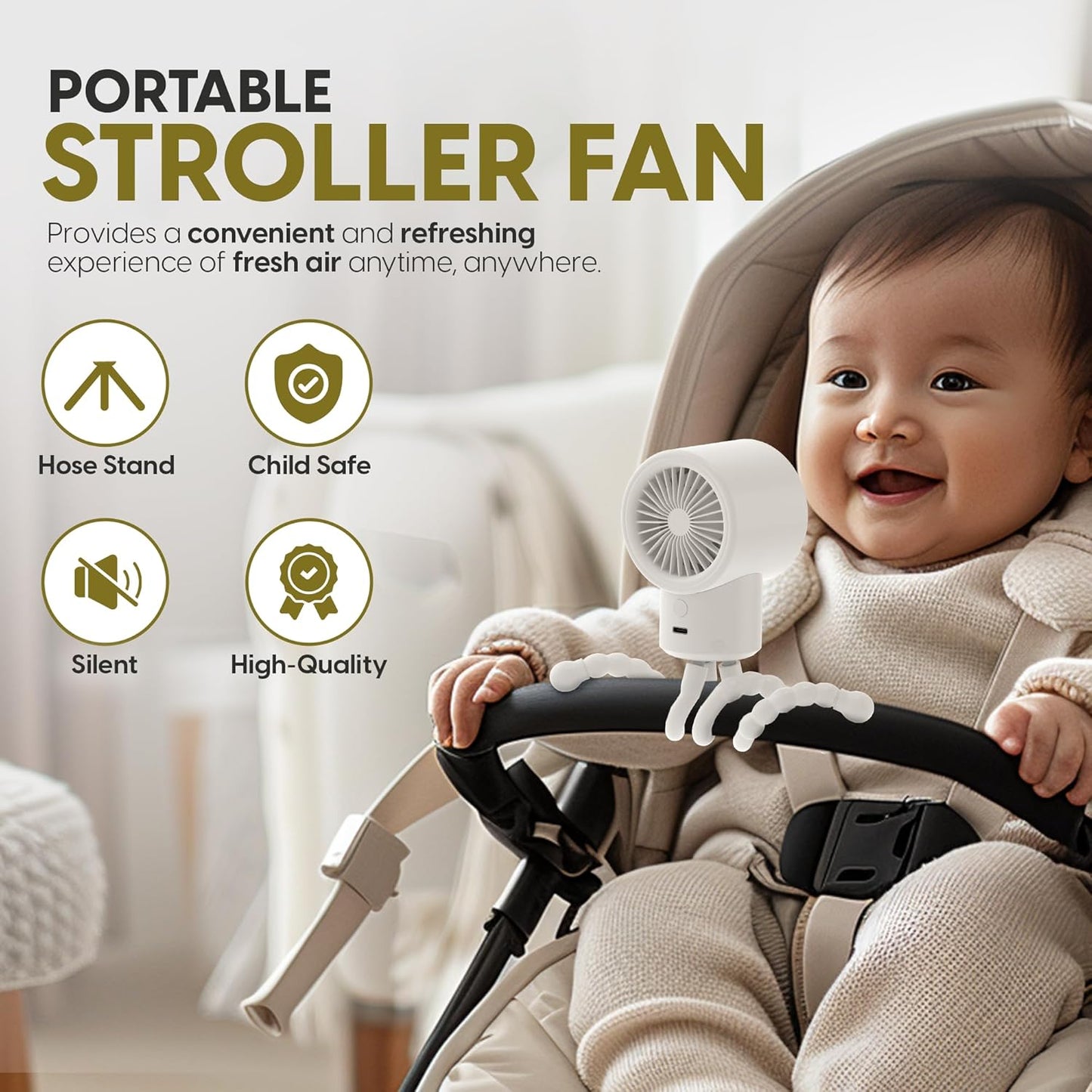 Portable Mini Travel Stroller Fan - Battery Operated, Clip On, Small, Handheld, Rotating, Rechargeable, Personal Fan with Flexible Tripod, 3 Speeds for Baby Crib, Bed Car, Seat Treadmill