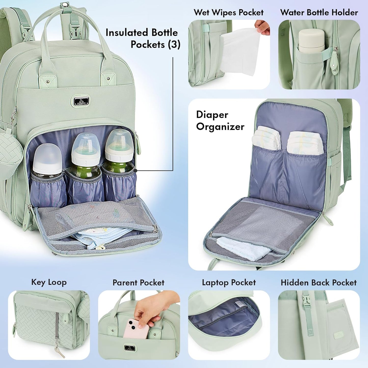 Dikaslon Diaper Bag Backpack with Portable Changing Pad, Pacifier Case and Stroller Straps, Large Unisex Baby Bags for Boys Girls, Multipurpose Travel Back Pack for Moms Dads, Mint Green