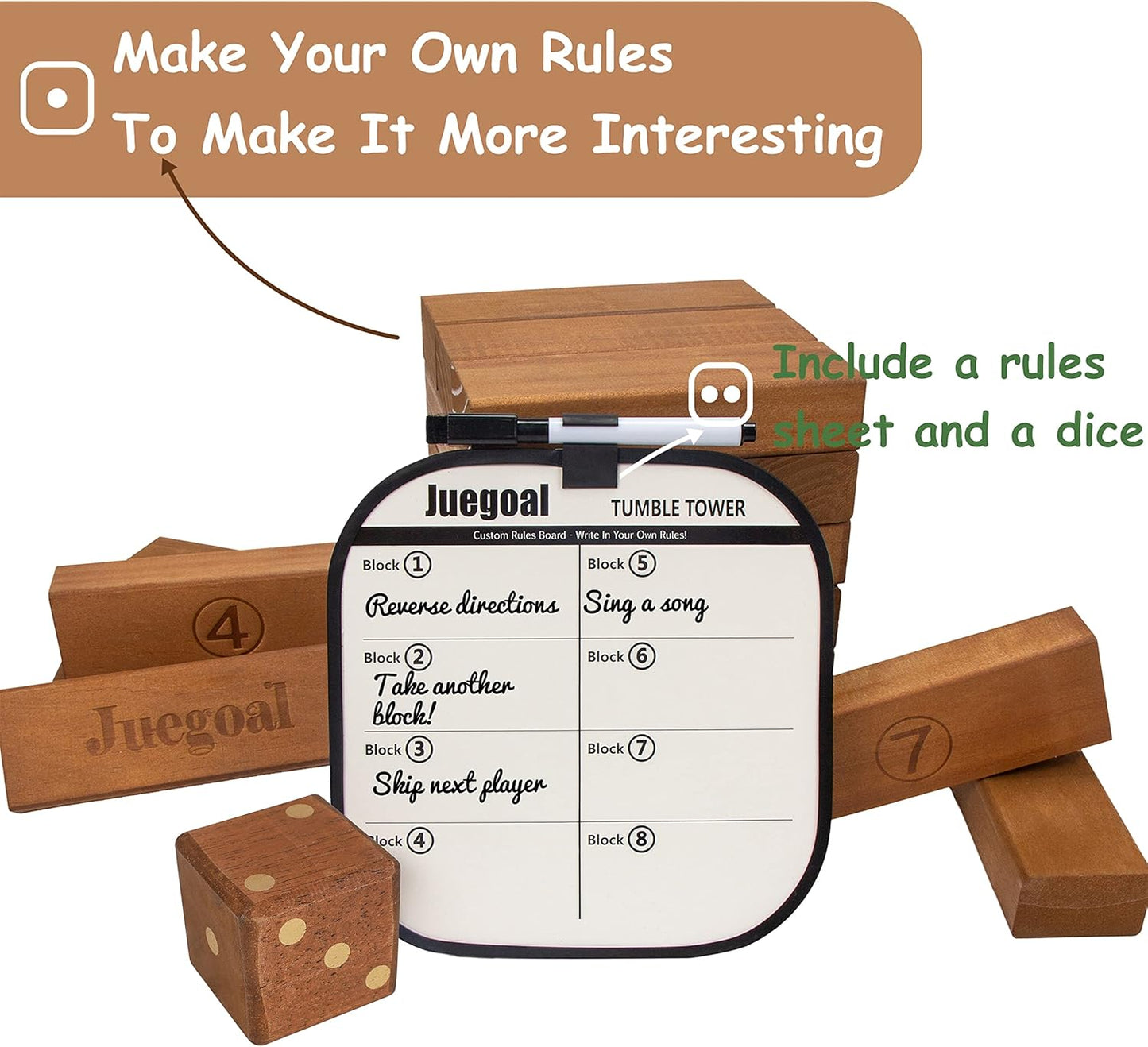 Juegoal 54 Pieces Giant Tumble Tower Blocks Game Giant Wood Stacking Game with 1 Dice Set, Gameboard, Canvas Bag for Adult, Kids, Family, Brown