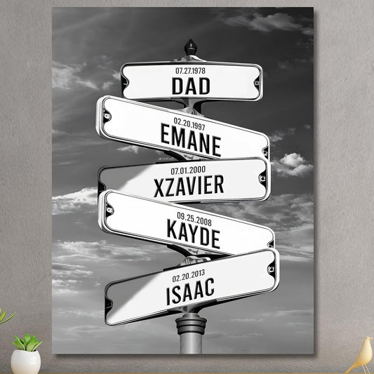 Personalized Father's Day Family Names Street Custom Multi-Name Date of Birth Vintage Street Sign Happy Fathers Day Poster Canvas Wall Art Best Gifts for Dad Husband from Daughter Son Wife Kids #1