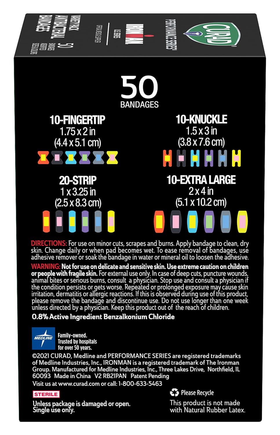 CURAD Performance Series IRONMAN Antibacterial Bandages, Extreme Hold Adhesive Technology, Finger & Knuckle Bandages, Flexible Fabric, Variety Pack with Assorted Sizes & Colors, 50 Count