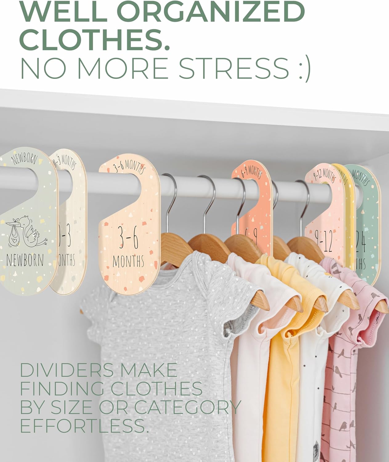 Colorful Baby Size Closet Dividers - Wooden Baby Clothes Organizer for Nursery Decor, Storage & Organization - 8 Pcs of Baby Closet Dividers Ideal as Neutral Nursery Storage Organizers