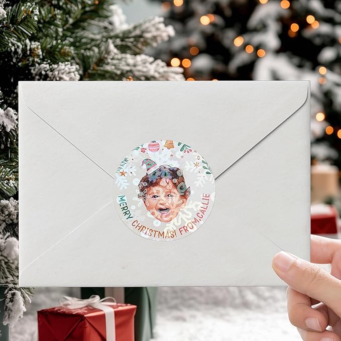 callie Personalized Christmas Stickers with Photo Name, Custom Waterproof Glitter Xmas Labels for Crafts Cards Envelope Seal Party Decorations, 24pcs