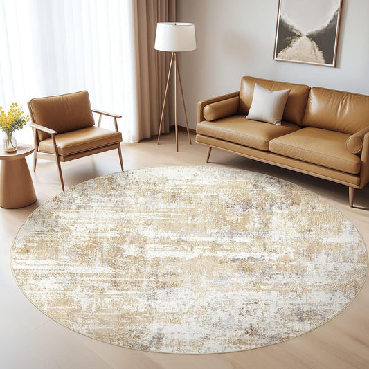 Round Rug Living Room Rugs: 6Ft Washable Circle Large Abstract Modern Soft Stain Resistant Non Slip Indoor Floor Carpet for Bedroom Nursery Office Dining Room Dorm Home House Decor- Gray Gold
