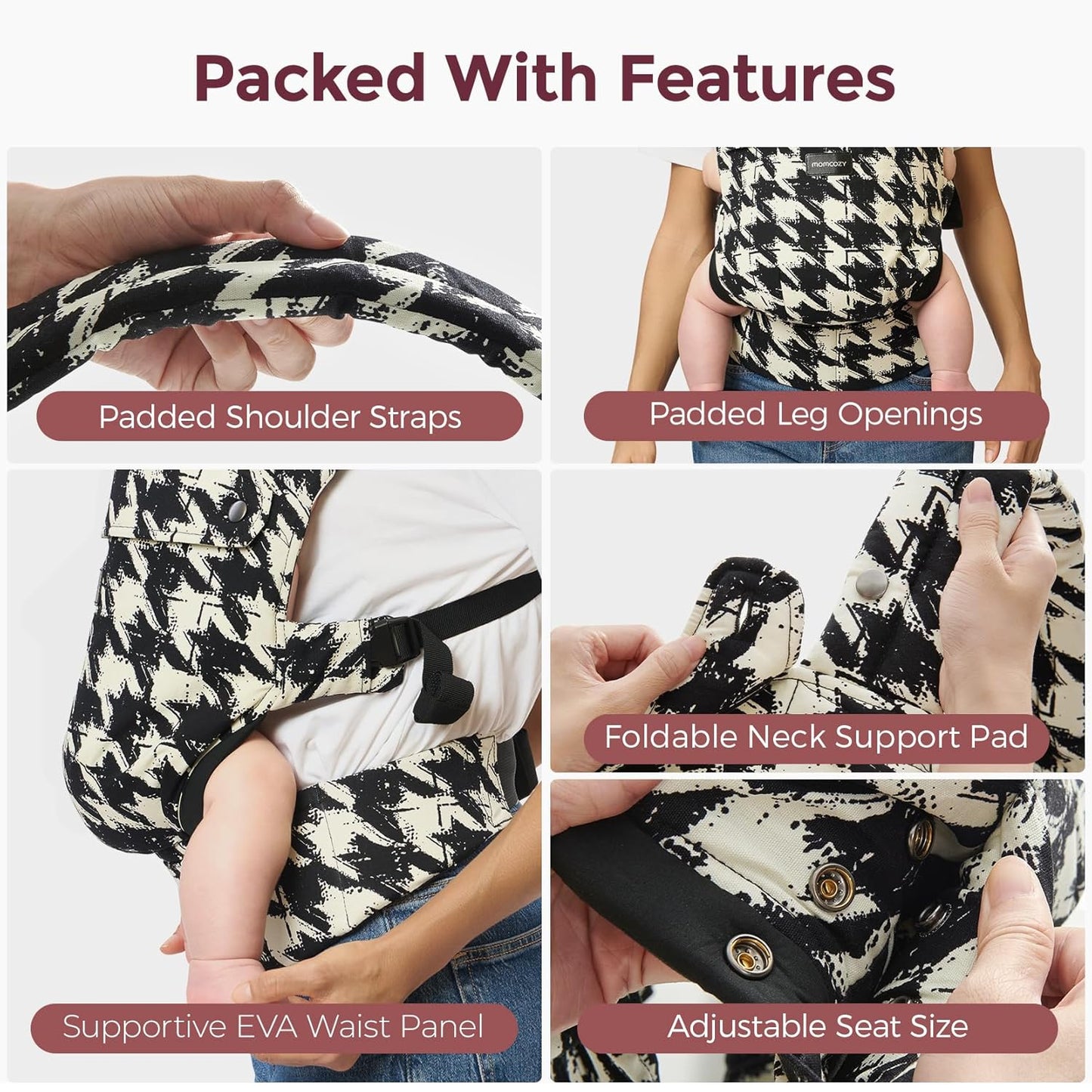 Momcozy Baby Carrier - Ergonomic, Cozy and Lightweight Carrier for 7-44lbs, Effortless to Put On, Ideal for Hands-Free Parenting, Enhanced Lumbar Support, Purehug for Infant to Toddler, Houndstooth