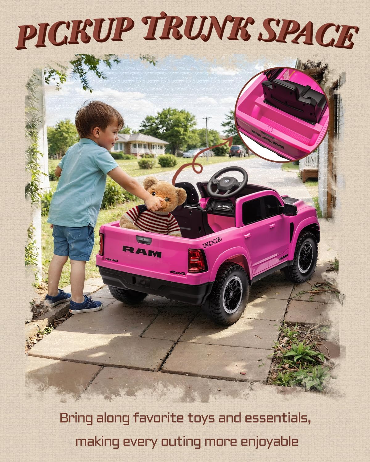 Licensed Ram 1500 12V Ride on Toys, Kids Ride on Car with Remote Control, Electric Vehicle for Toddler with Smooth Start, Pickup Truck Bed Storage, Spring Suspension, Aux Port (Pink)