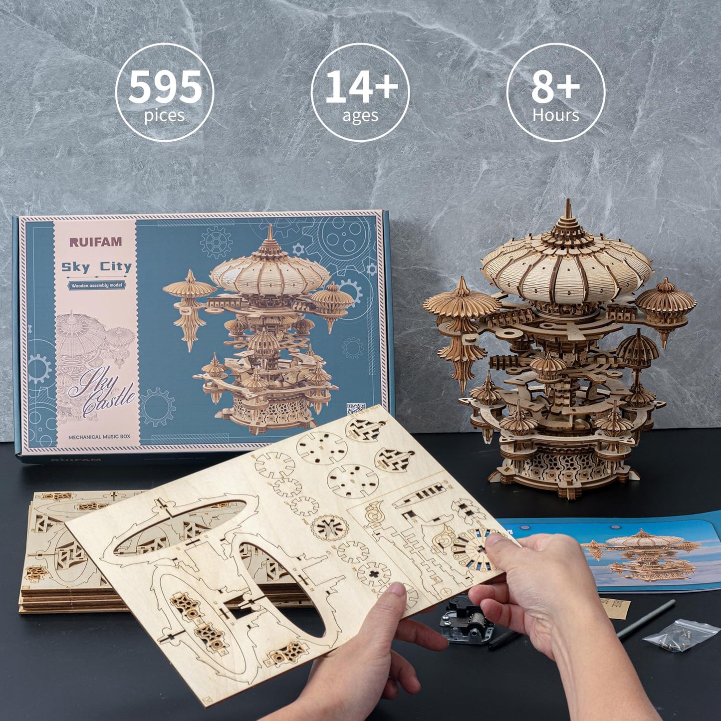 3D Wooden Puzzles for Adults, SkyCity Music Box Model Kit, 600+ Pcs Cityscape Design, Challenging Mechanical DIY Craft, STEM Toy and Unique Gift for All Occasions