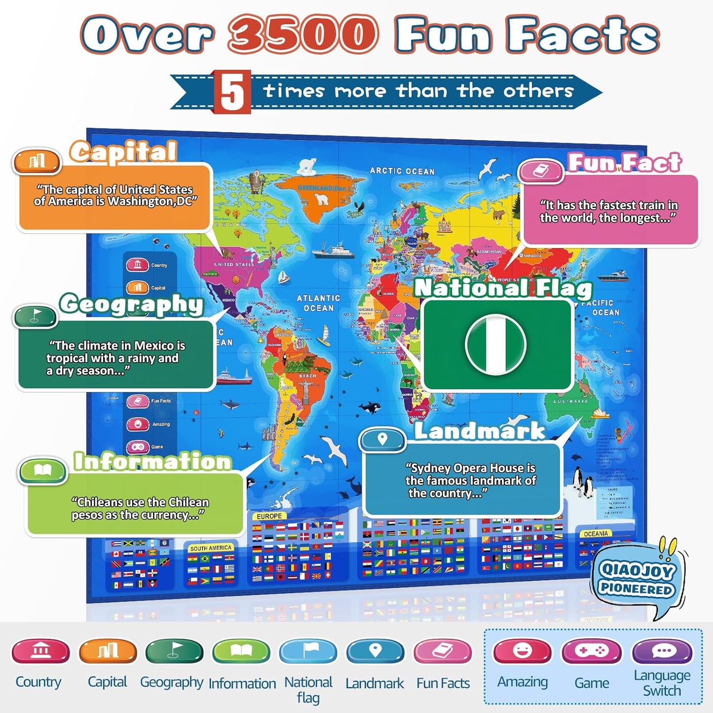 Bilingual Interactive Kids Talking World Map & Dinosaur Poster for Kids Learning and Educational Toys, Talking Educational Toys for 3 to 12 Years Old Girls/Boys, Preschool Learning Chart