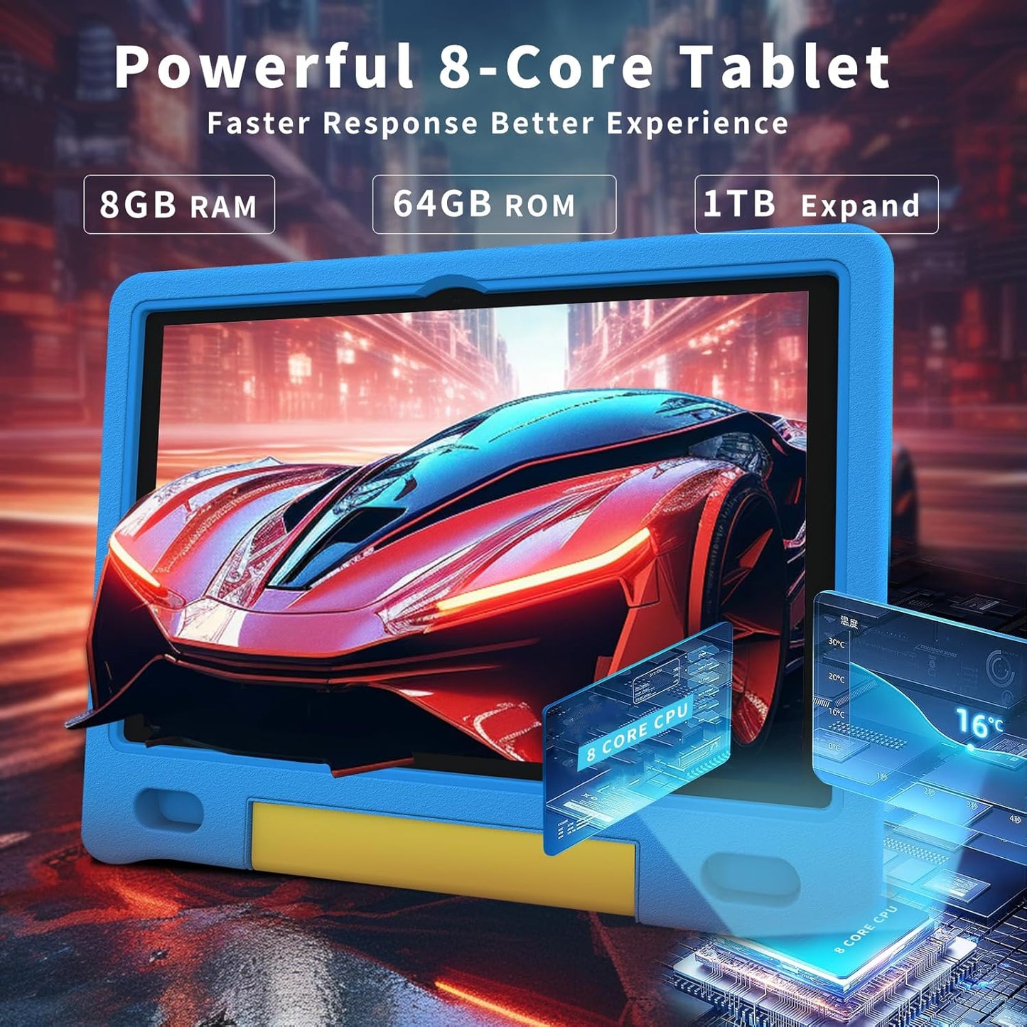 Kids Tablet with Strap, Android 14 Tablet for Kids 10 inch, Toddler Tablets Octa-Core 64GB 1TB Expandable, Children's Tablets with Case, Bluetooth WiFi Parental Control Dual