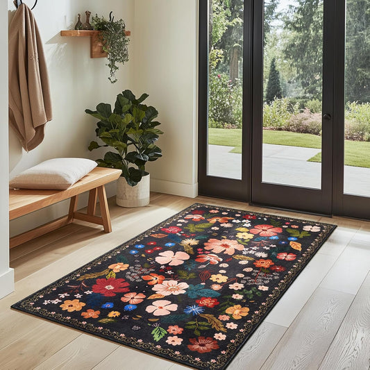 Area Rugs 3x5 for Living Room Machine Washable Soft Faux Fur Black Small Carpet Rug Low Pile Non Slip Stain Resistant Vintage Boho Floral Rugs for Bedside Indoor Entrance Nursery Study Room