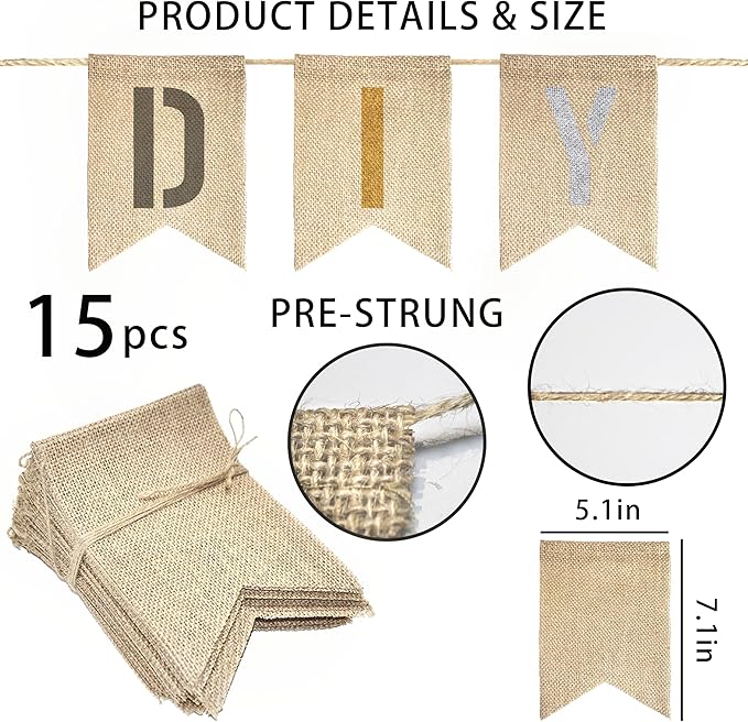 15 PCS Burlap Banner DIY Kit With 27 PCS Letter Stencil Banner Burlap Painting For Party Decorations Swallowtail Flags For Birthday