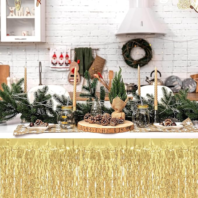 4P Wavy Metallic Tinsel Foil Fringe Table Skirts for Rectangle Tables Backdrop Garland Curtains for Parade Floats Wedding Birthday Parties Decoration Graduation 2025 Christmas (Light Gold)