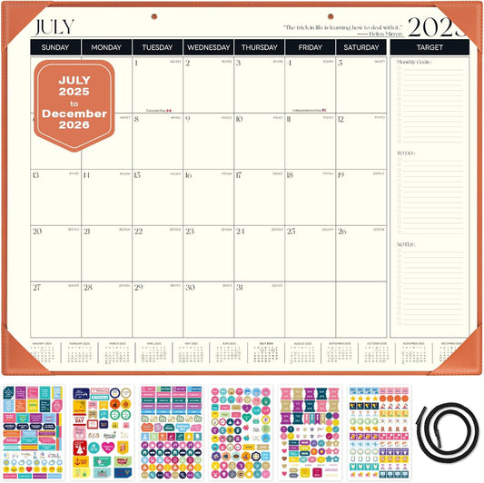 Ospelelf Large Desk Calendar 2025-2026 with Protective Cover, 18 Months Planner Pad from July 2025 to Dec 2026, 22" x 17" Wall Calendar with PU Leather Pad for Home or Office, Orange