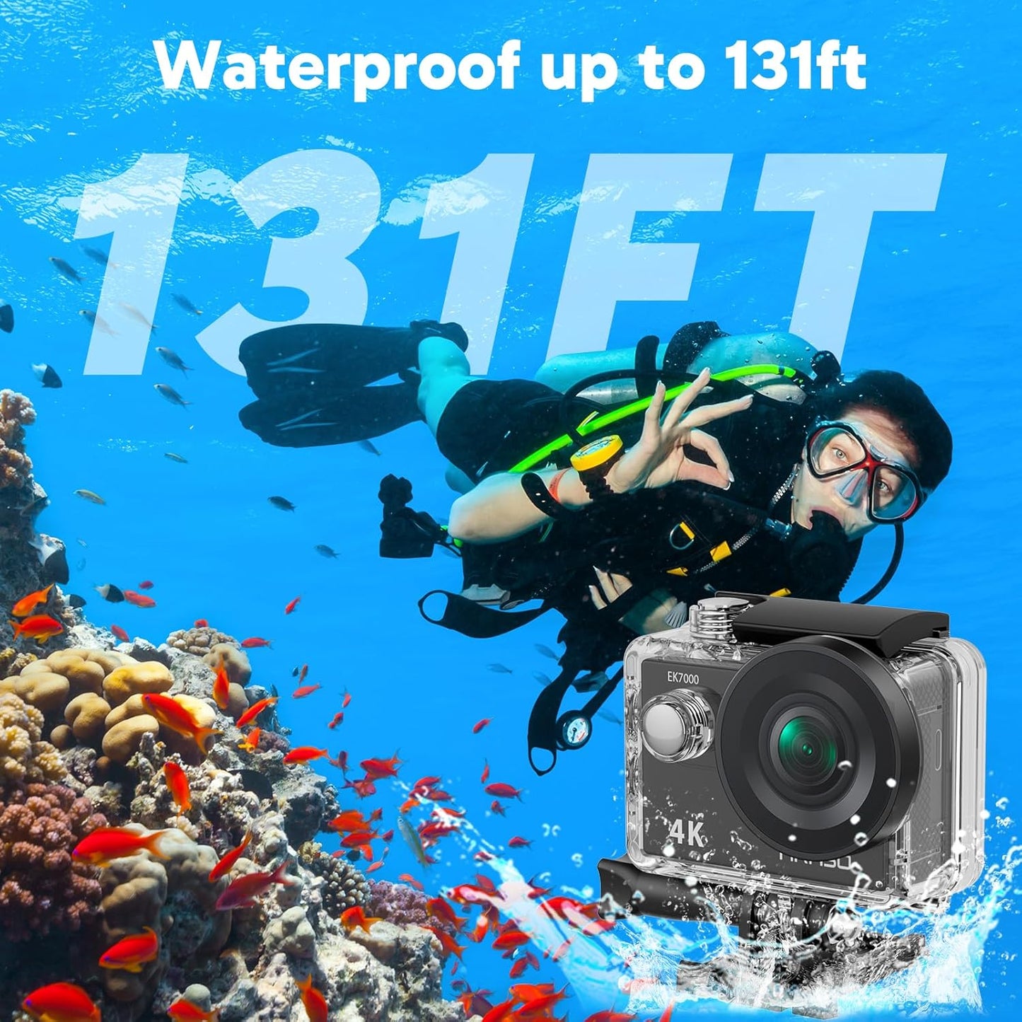 AKASO EK7000 4K30FPS 20MP WiFi Action Camera with EIS Ultra HD 131FT Waterproof Underwater Camera Remote Control 4X Zoom Support External Microphone Black