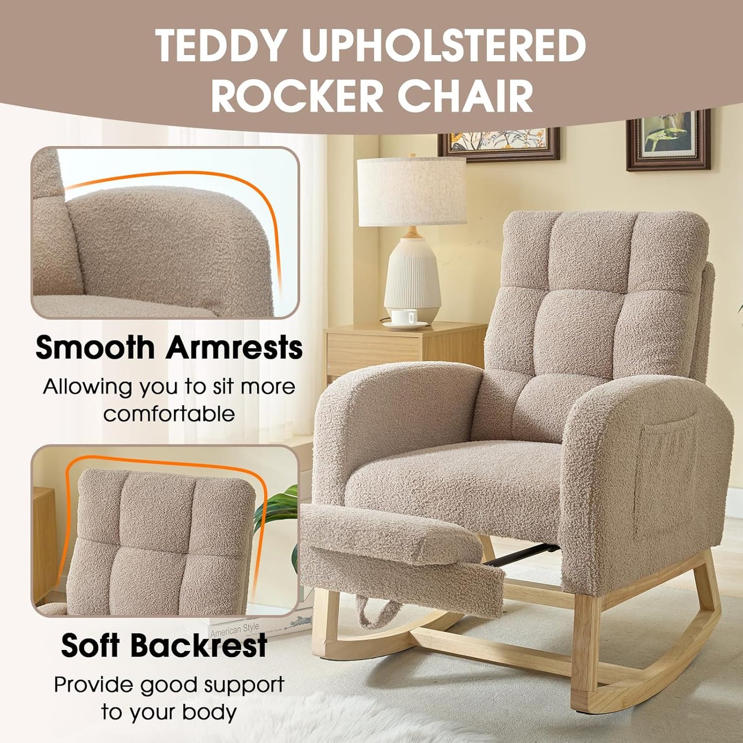 NIOIIKIT Modern Nursery Rocking Chair, Teddy Upholstered Rocking Chair with Footrest, Comfortable Rocker Chair with Side Pocket, Rocker Chair for Living Room, Bedroom, Nursing Room (Brown)