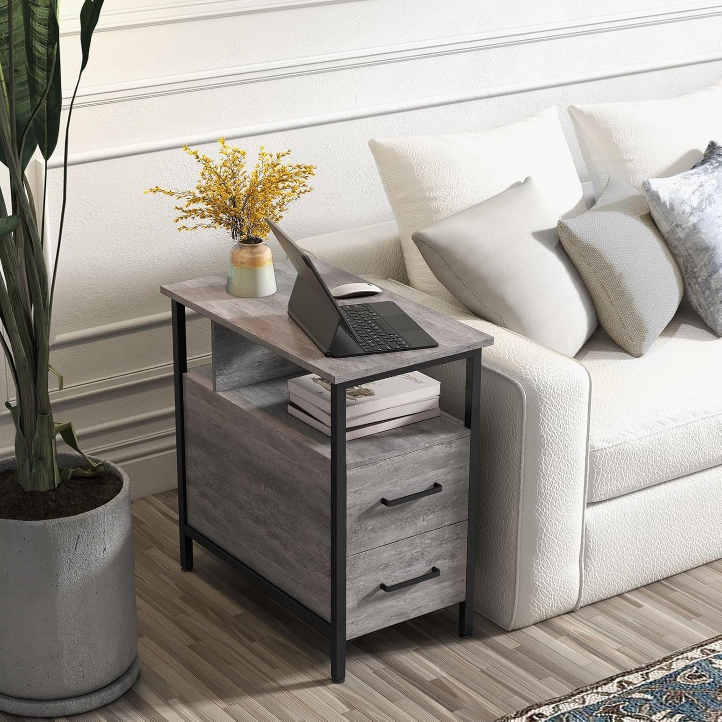 Side Table, Gray End Tables with Charging Station, Narrow End Table with Wooden Drawers, USB Ports and Power Outlets, Nightstand and Bedside Table, Side Table Living Room, Bedroom