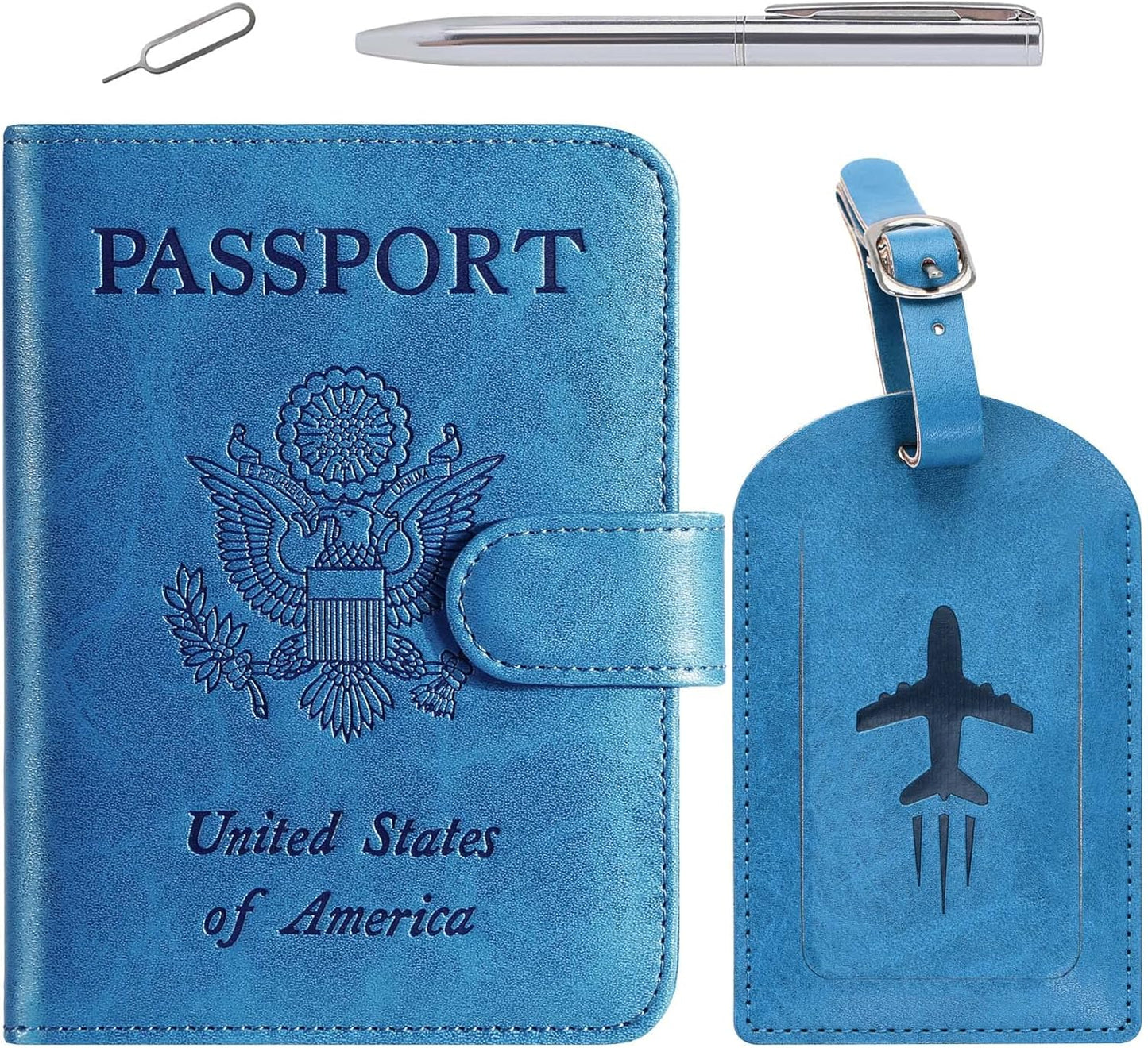 Passport Holder With Luggage Tag Cover Wallet RFID Blocking Leather Case Travel Essentials Accessories Travel Must Have(114#Blue)
