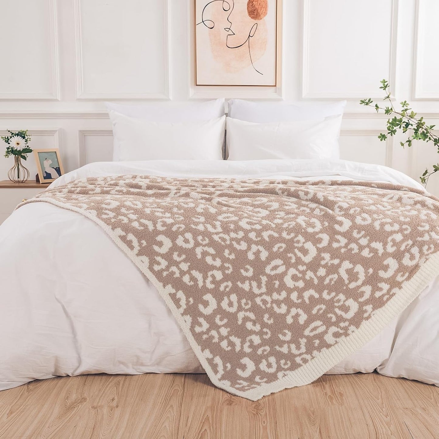 NEXHOME PRO Leopard Soft Blanket Twin Size, Fuzzy Throw Blanket for Couch Bed Sofa Picnic, Knit Blankets for Women Gifts Beige 60 x 80 inches