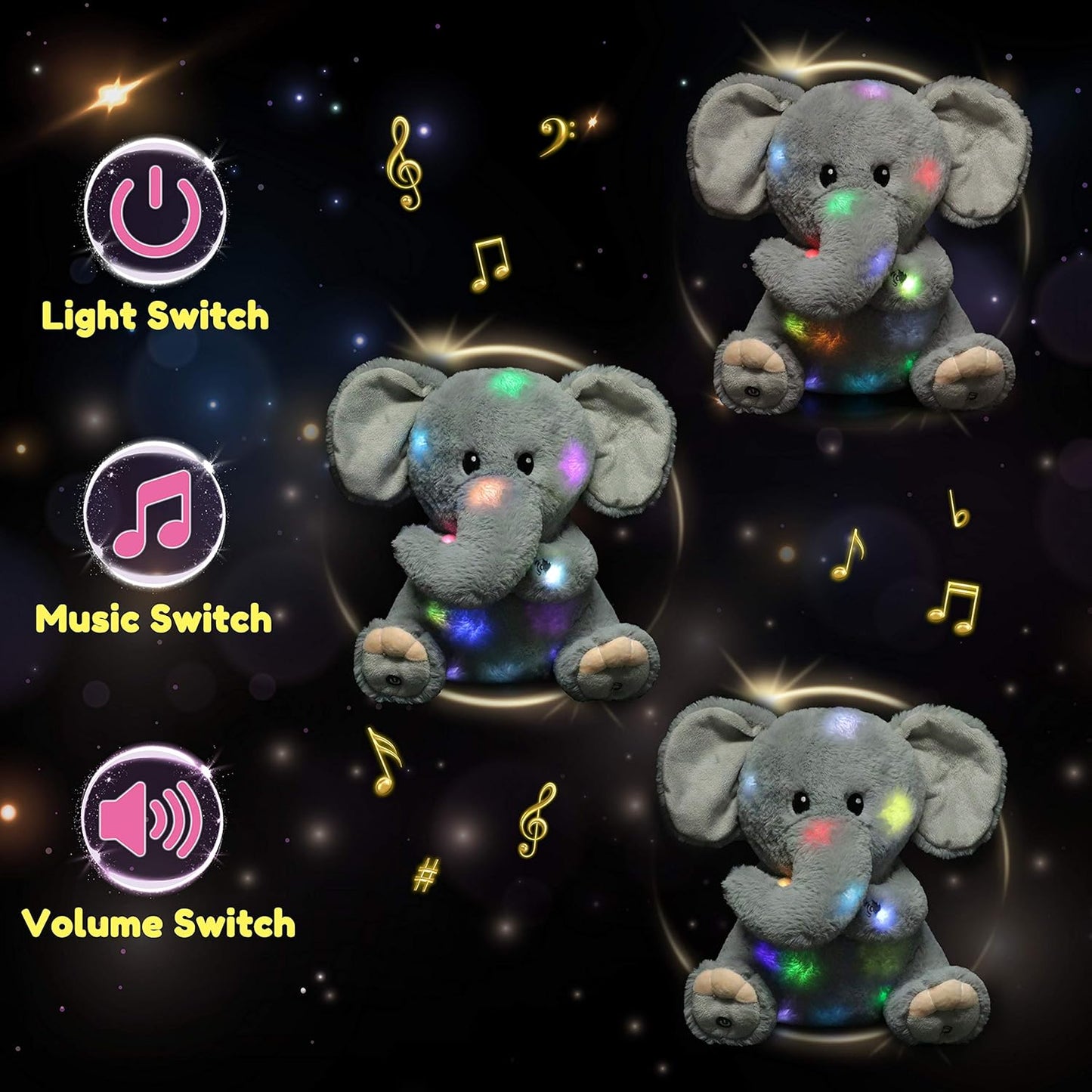 Hopearl LED Musical Stuffed Elephant Lighting Up Singing Plush Toy Adjustable Volume Lullaby Animated Soothe Birthday Festival for Kids Toddler Girls, Gray, 11''