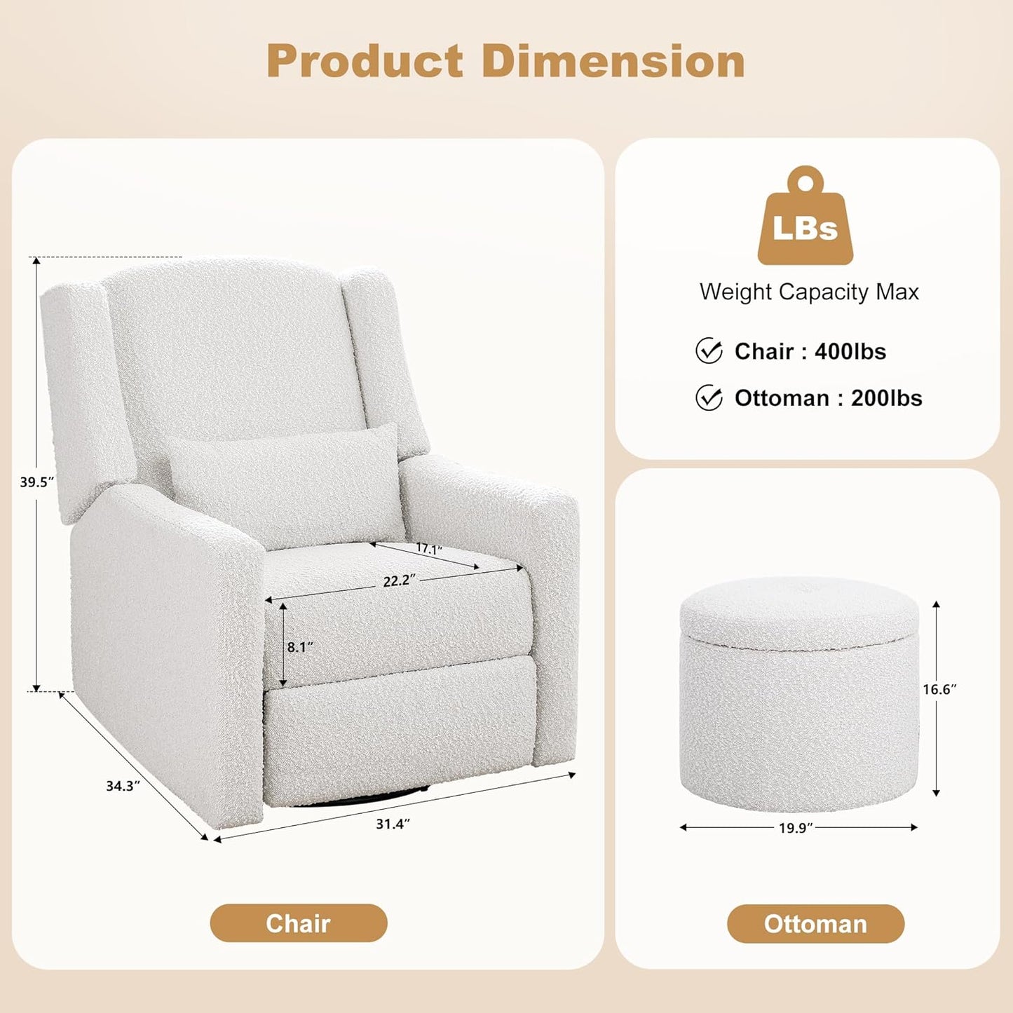 Power Recliner Chair Swivel Gilder Rocking Chairs Skin-Friendly Power Recliner Nursery Chair for Adults with Waist Pillow, USB Charging, Ottoman (Beige, Only Recliner Chair)