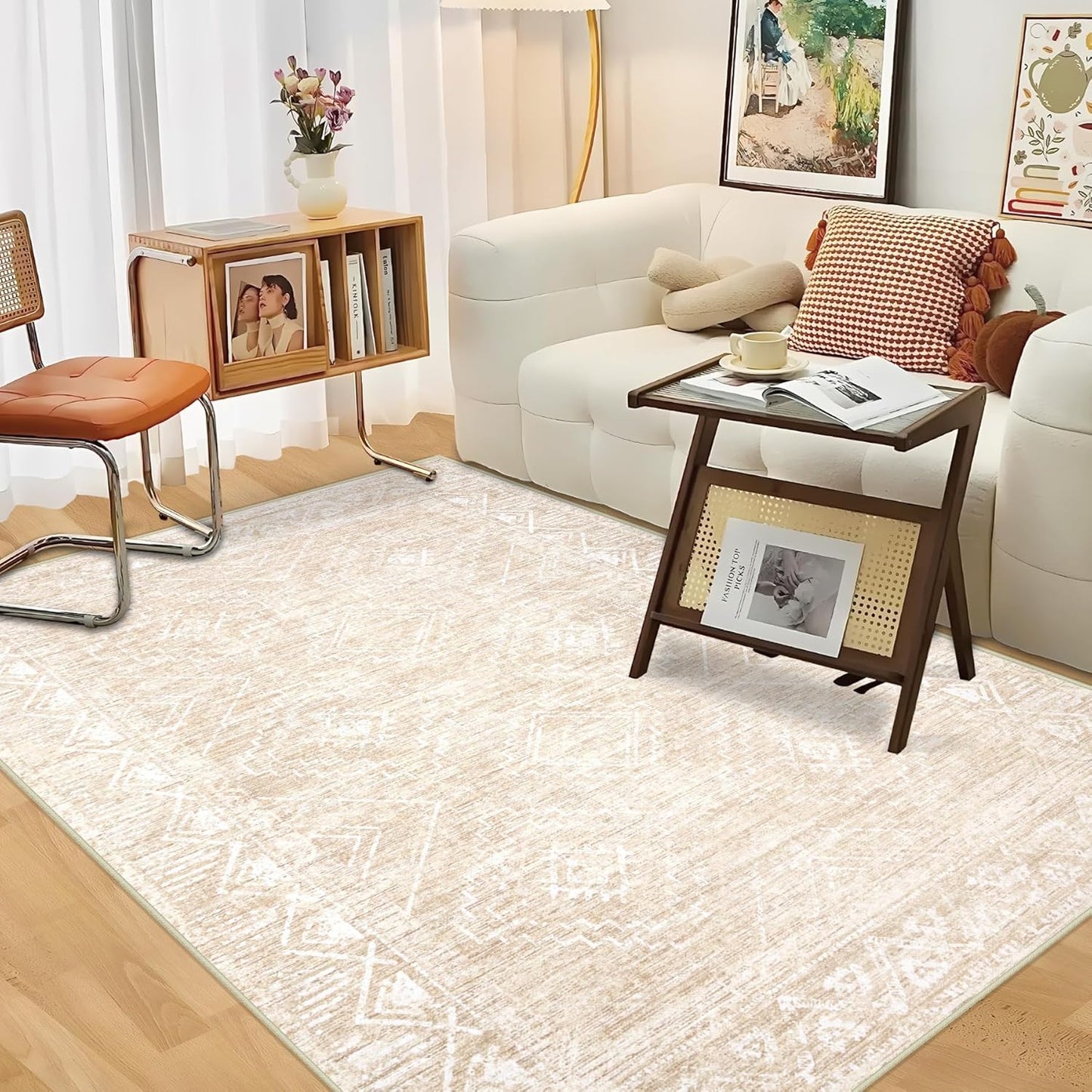 Vintage Moroccan Trellis Area Rug - 4x6 Machine Washable Boho Geometric Farmhouse Rugs Neutral Stain Resistant Non Slip Indoor Carpet for Bedroom Dining Room Nursery Home Office (4 x 6, Beige)