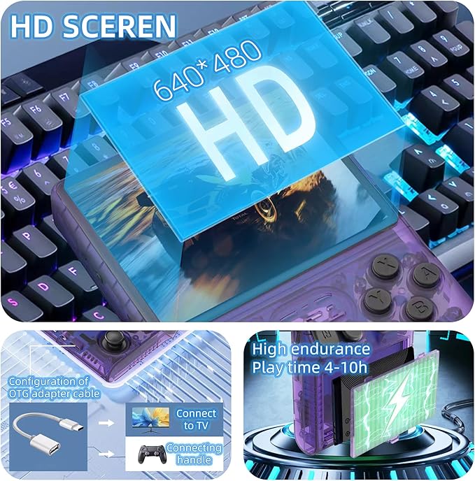 R40S PRO Retro Gaming Console, 30000+ HD Games Handheld Game Console, 3800mAh Rechargeable Mini Retro Video Console with 256GB TF Card, Portable Pocket Arcade (Transparent Purple)