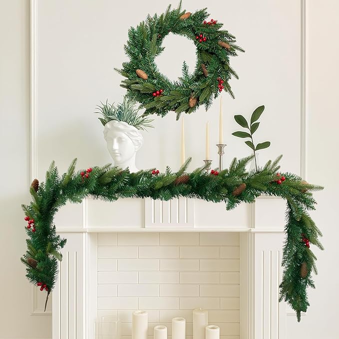 6FT Christmas Garland Artificial Norfolk Pine Tree Greenery, Cedar Cypress with Red Berries Pine Cones, Realistic Winter Holiday Mantel Fireplace Door Table Decor, Indoor Outdoor