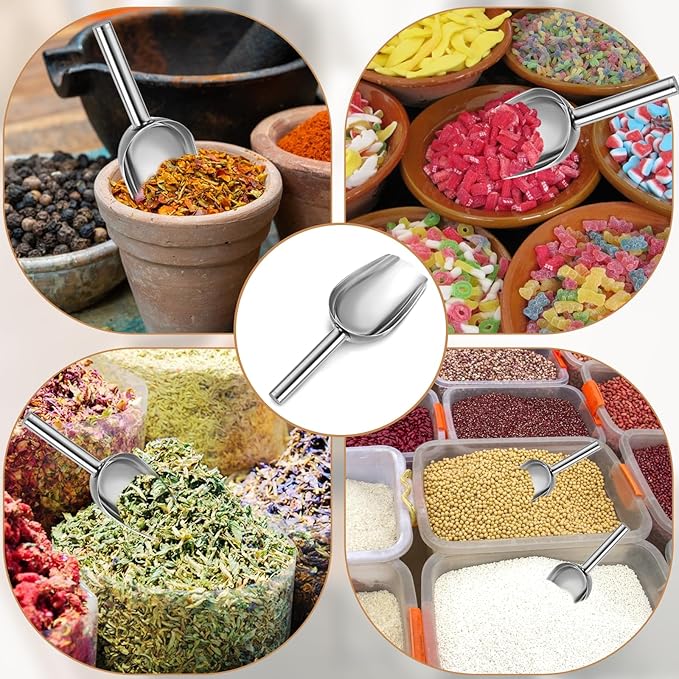 12Pcs Mini Ice Scoopers for Ice Bucket, 6 oz Stainless Steel Small Scoop Metal Food Scoop Candy Scoops for Candy Buffet Jars Canisters Scooping Dry Goods, Sugar, Coffee Bean, Flour, Spice, Dog Food