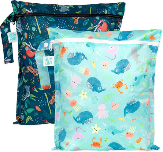 Bumkins - Waterproof Wet Bag - For Baby, Travel, Swim Suit, Cloth Diapers, Pump Parts, Pool, Gym, Toiletry, Strap to Stroller - Reusable & Easy to Clean - 2pk - Ocean & Jungle