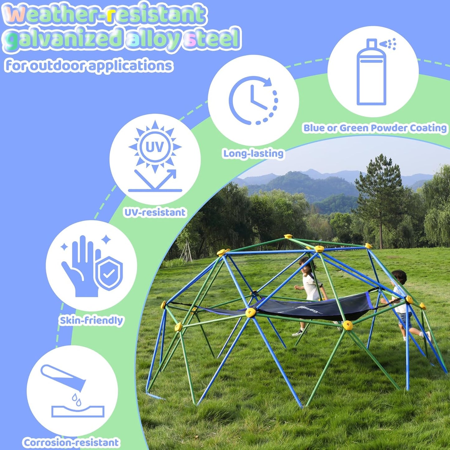 Gardenature 10FT Climbing Dome with Hammock, Outdoor Jungle Gym for Kids, Geometric Dome Climber Supporting 880 Lbs Anti-Rust Metal Outdoor Play Structure ASTM Approved Blue & Green
