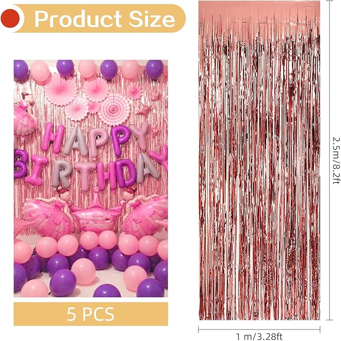 5 Pack Rose Gold Fringe Backdrop 3.2ft x 8.2ft Foil Curtain Tinsel Fringe Curtains for Birthday Party Decoration Wedding Christmas Decoration