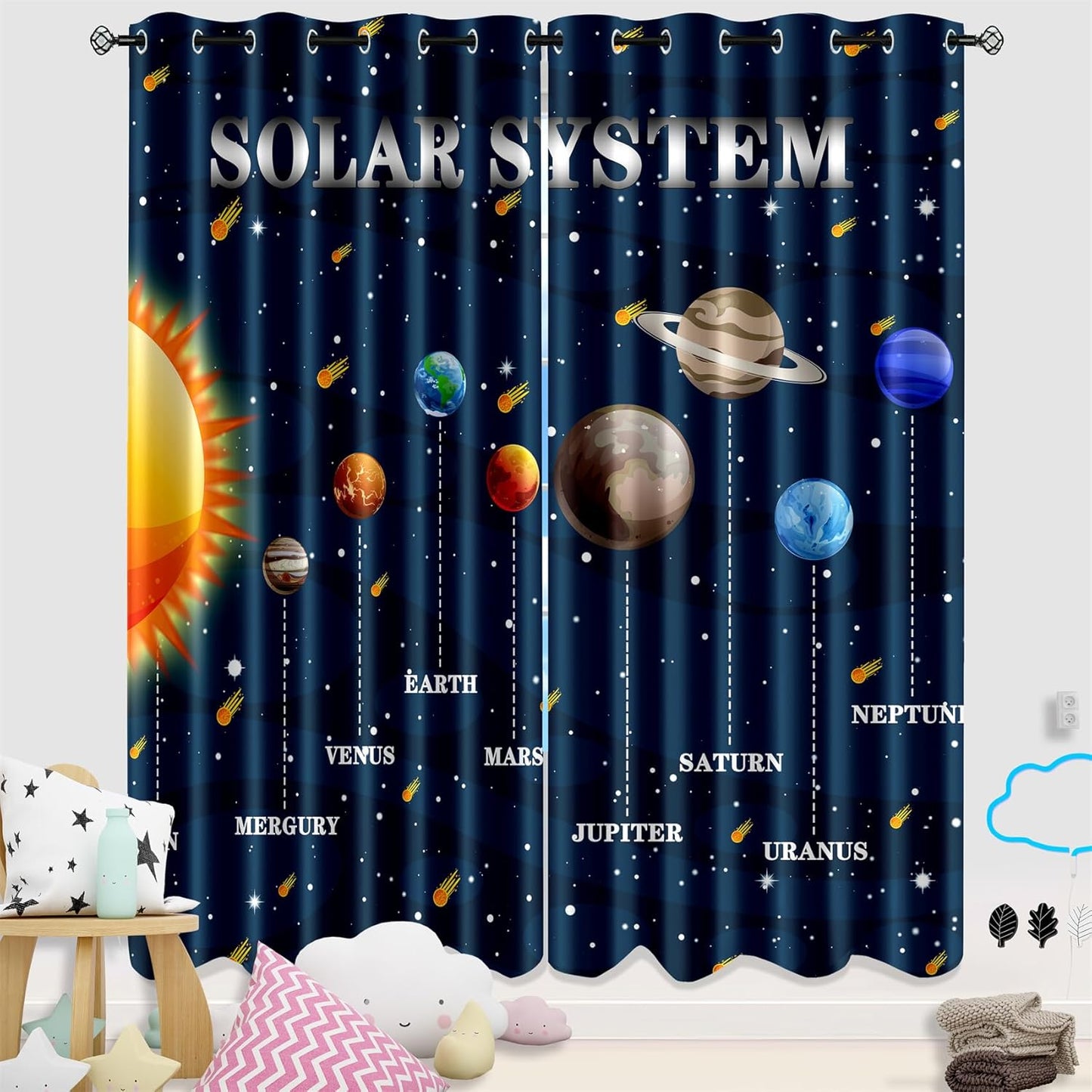 Solar System Curtain Panels - 2Pcs 95% Blackout Outer Space Curtains for Boys Bedroom Grommet Room Darkening Galaxy Planets Themed Curtains for Living Room, 82" x 84"