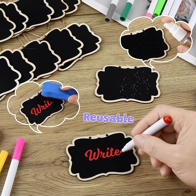 NEBURORA 24 Pcs Mini Erasable Wood Chalkboard Signs with Hanging String Reusable Double-Sided Blackboards for Message Boards Hanging Signs Price Labels Table Numbers Plant Name Tags