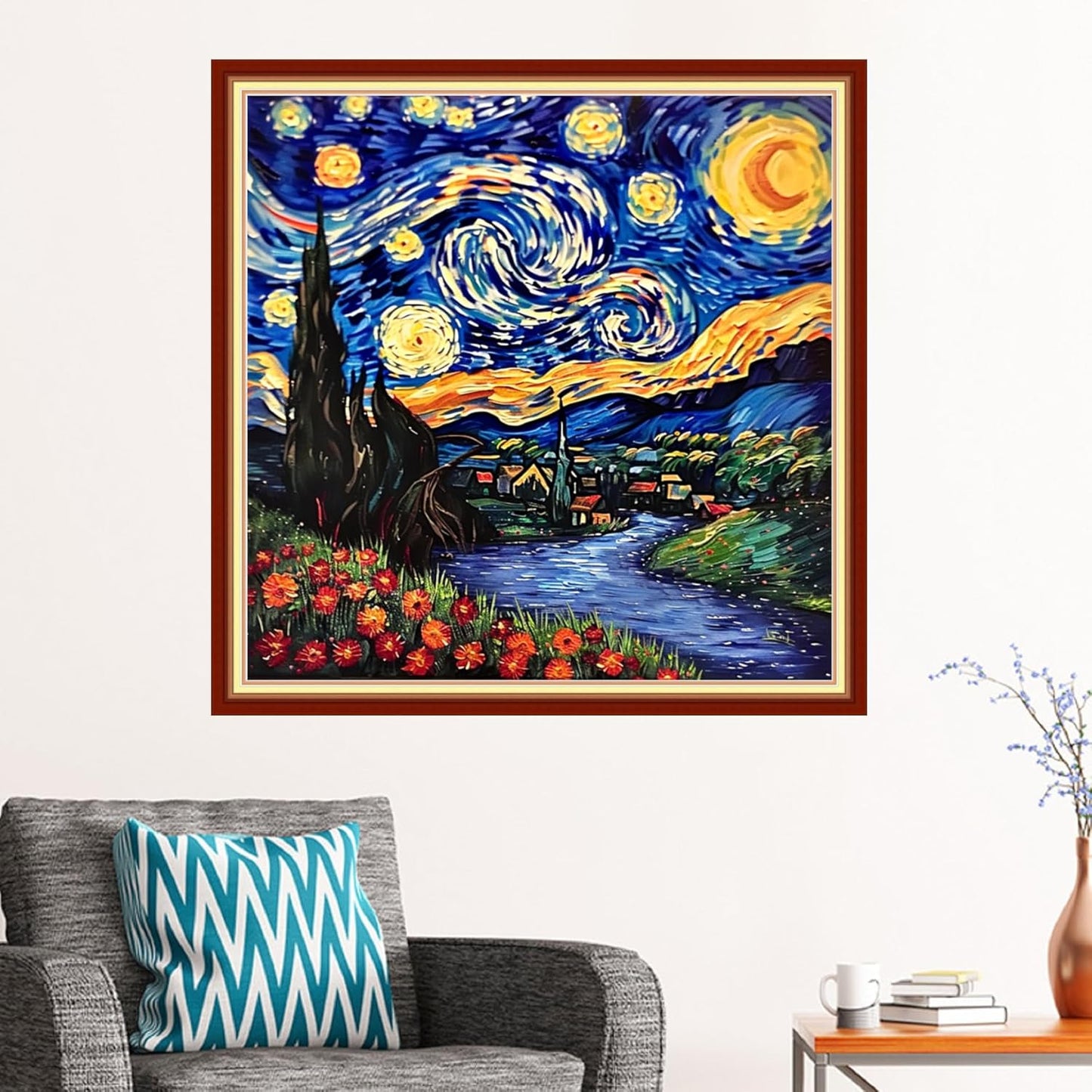 Stamped Cross Stitch Kits - Beach Night Landscape Counted Cross Stitch Kits for Beginners Adults Needlepoint Cross-Stitch Patterns-Van Gogh's Night Sky House 18x18 inchs