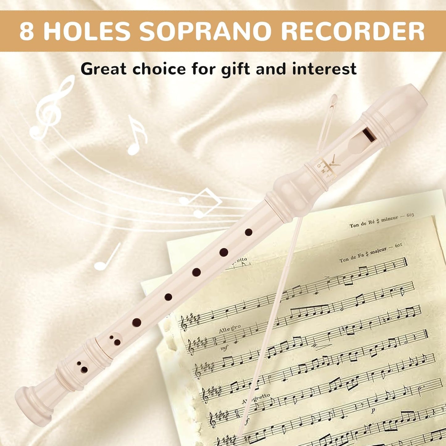 Soprano Recorder 8-Hole Instrument for Beginners Kids Students, Baroque Style C Key Flute with Cleaning Rod & acking Bag for Education & Entertainment - Beige