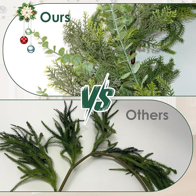 9FT Christmas Garland Norfolk Pine Tree Artificial Cedar Eucalyptus Greenery, Realistic Pine Garland for Mantel Fireplace Stair Rail Doorway Table Centerpiece, Indoor Outdoor Winter Decor