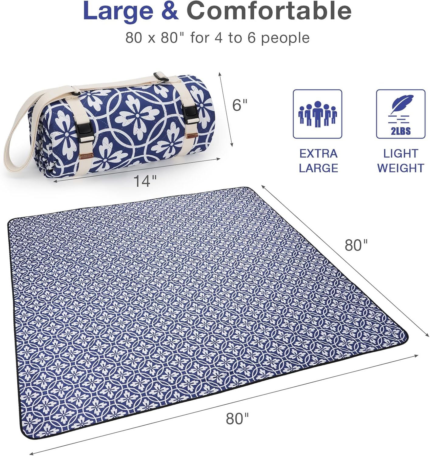 Picnic Blanket, 80''x80'' Waterproof Outdoor Blankets, Picnic Mat Washable for Beach, Picnic Blankets for Camping on Grass with Shoulder Strap - NavyBlue