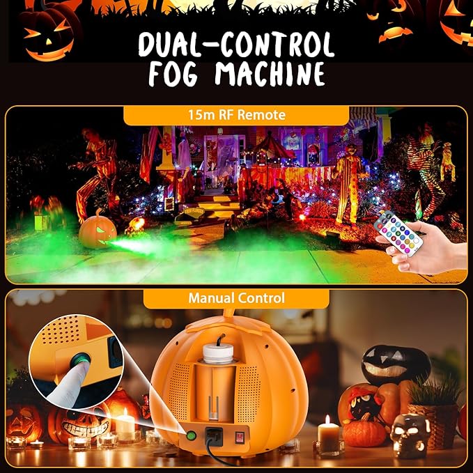 Fog Machine with LED RGB Lights, 800W Halloween Fog Machine with Remote Control, Pumpkin Smoke Machine 12 Colors Lighting Effect for Halloween Band DJ Show Club Outdoor Camping, 3 Pack