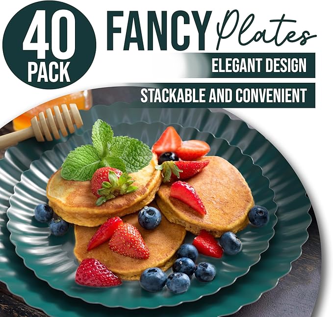 Trendables Scalloped Paper Plates 8.5 Inch & 10.5 Inch 40 Pcs Dinner Plate Set Fancy Disposable Plates for Party for 20 Guests 20 X 8 & 20 X 10 Large & Small Paper Plate Set for Parties Black Aqua