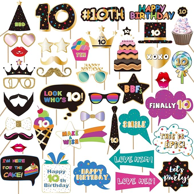 BRT Bearingshui 10th Photo Booth Props - Birthday Party Accessories, Signs, Decorations & Favors