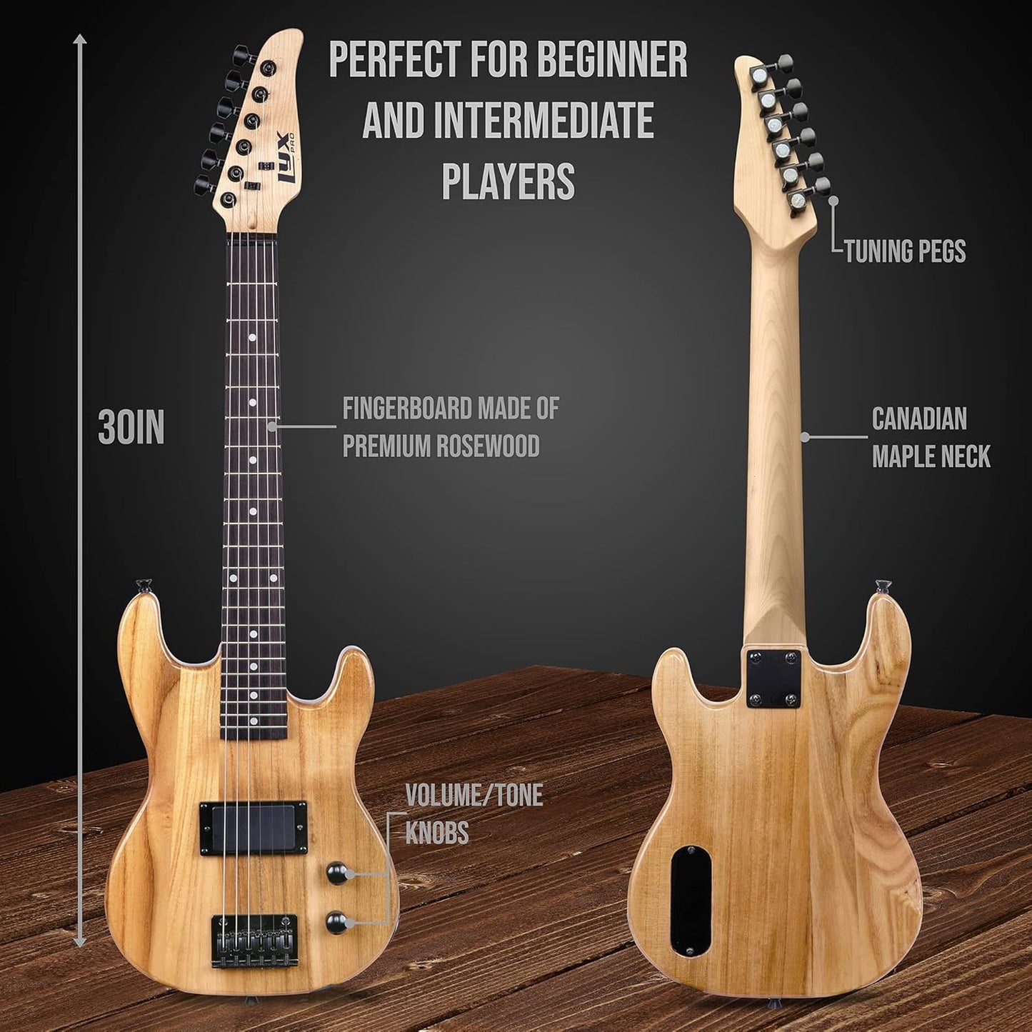 LyxPro 30 Inch Electric Guitar and Starter Kit for Kids with 3/4 Size Beginner’s Guitar, Amp, Six Strings, Picks, Shoulder Strap, Digital Clip On Tuner, Guitar Cable and Soft Case Gig Bag - Natural