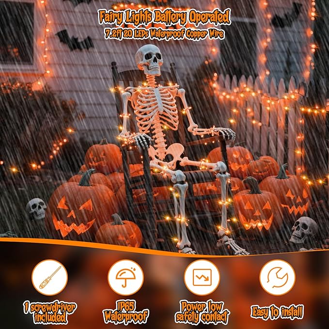 TingMiao Halloween Orange Fairy Lights Battery Operate,7.2ft 20 LEDs String Lights Silver Copper Wire for Hallowen Christmas DIY Decoration Wedding Party (6 Pack)