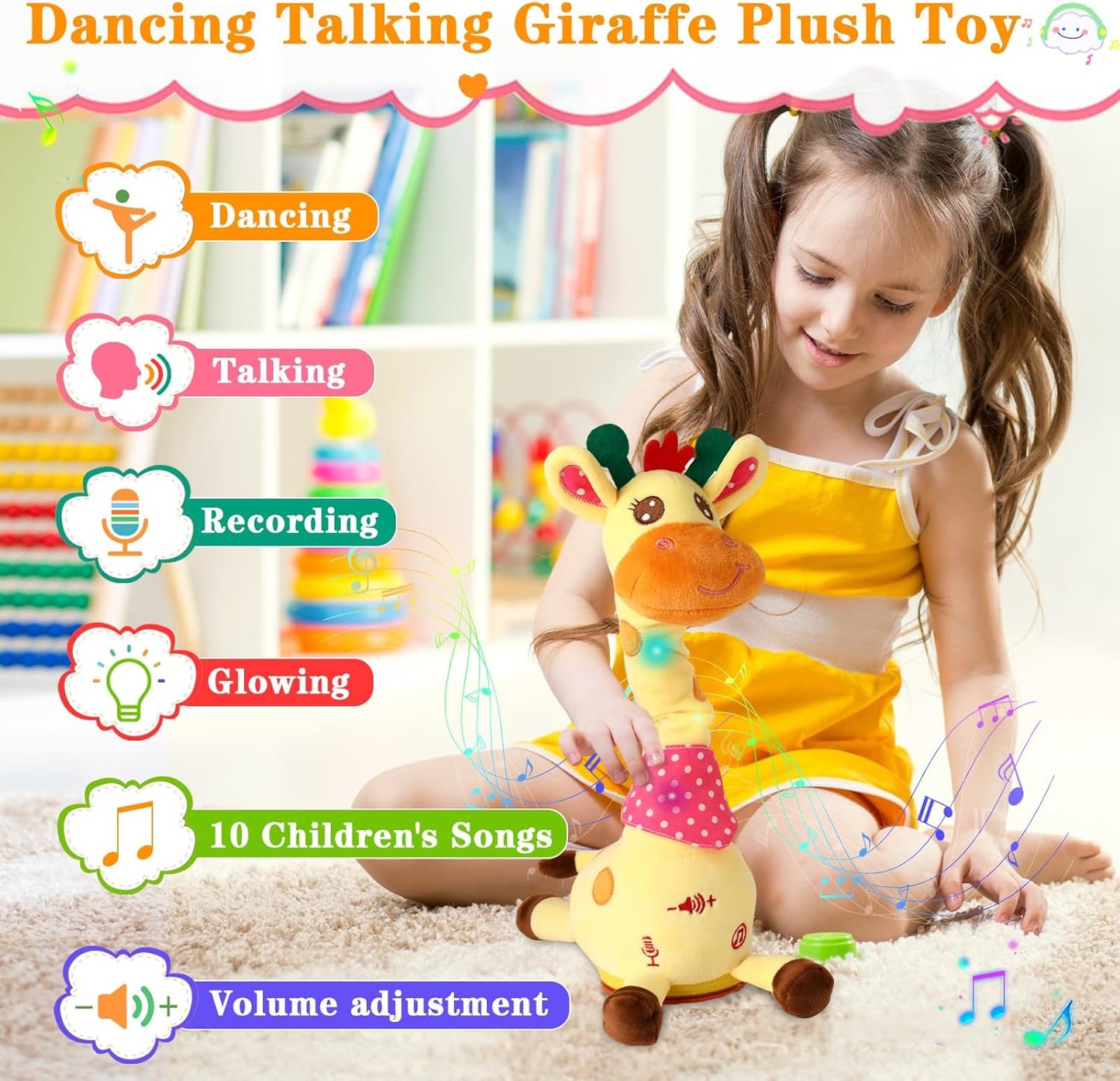 Dancing Talking Giraffe Toy, Stuffed Animal Baby Toy Repeating What You Say, Glowing Musical Giraffe with 10 Children's Songs Gifts for Toddlers 1-3 Years Old