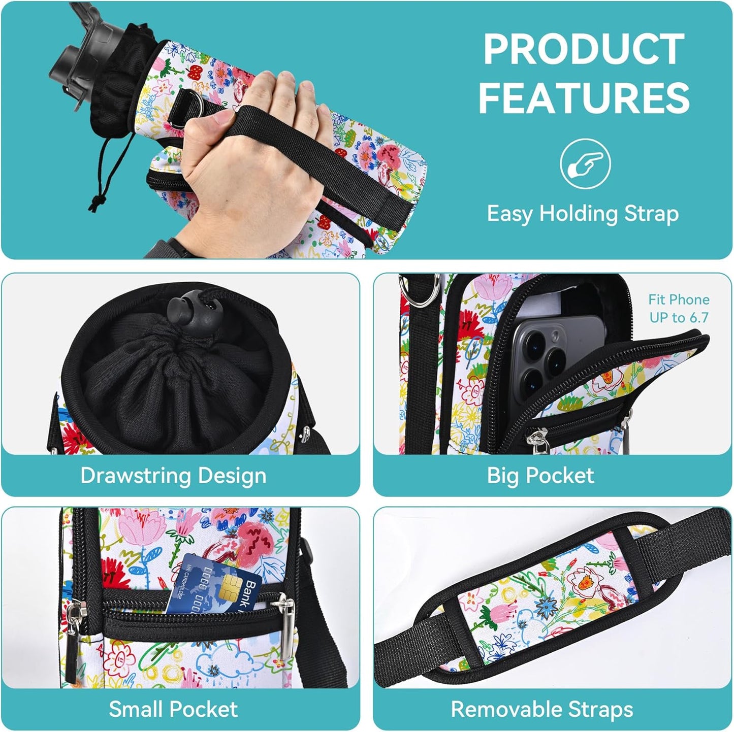 AUPET Water Bottle Sling Bag Sleeve Holder Carrier 25/32/40/64 oz,Insulated Crossbody Water Bottle Case Cover with Strap and Pockets for Men/Women Walking Hiking