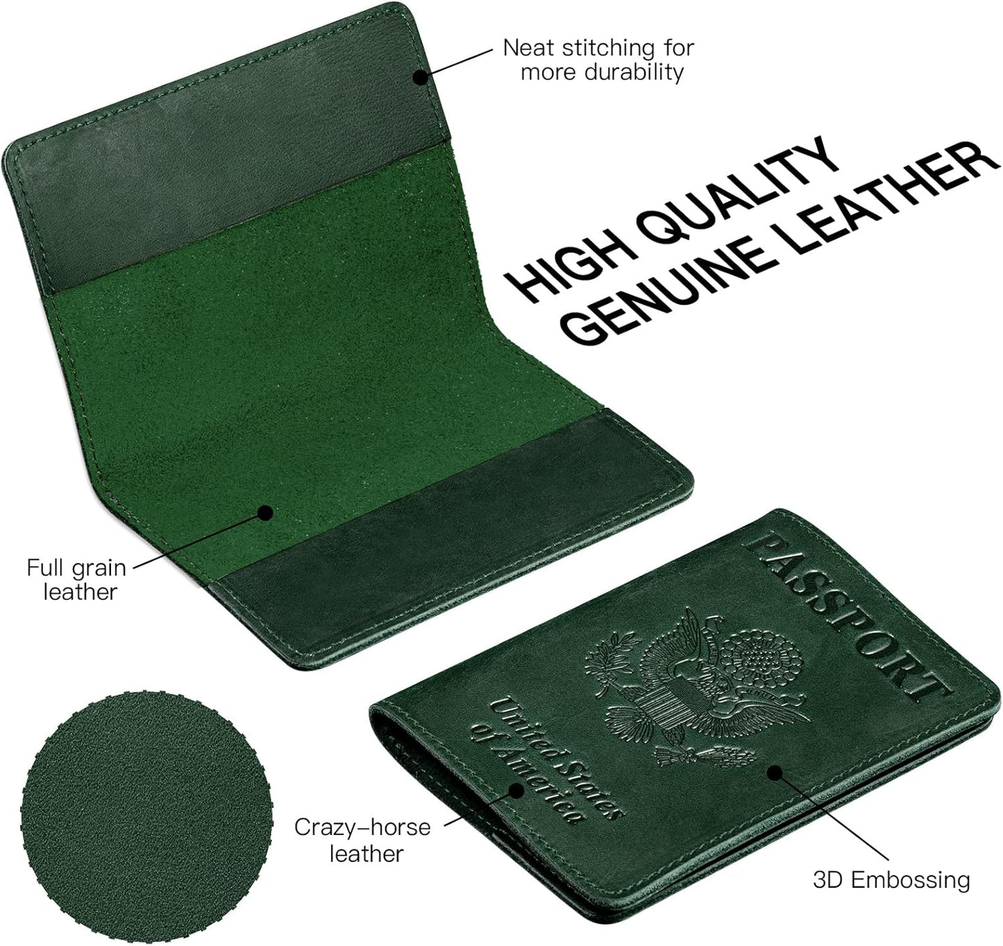 BIAOTIE Premium Leather Passport Holder Covers, Rfid Travel Wallet Passport Document Holder, Travel Essentials Wallet Cover Case for Men and Women (Green)