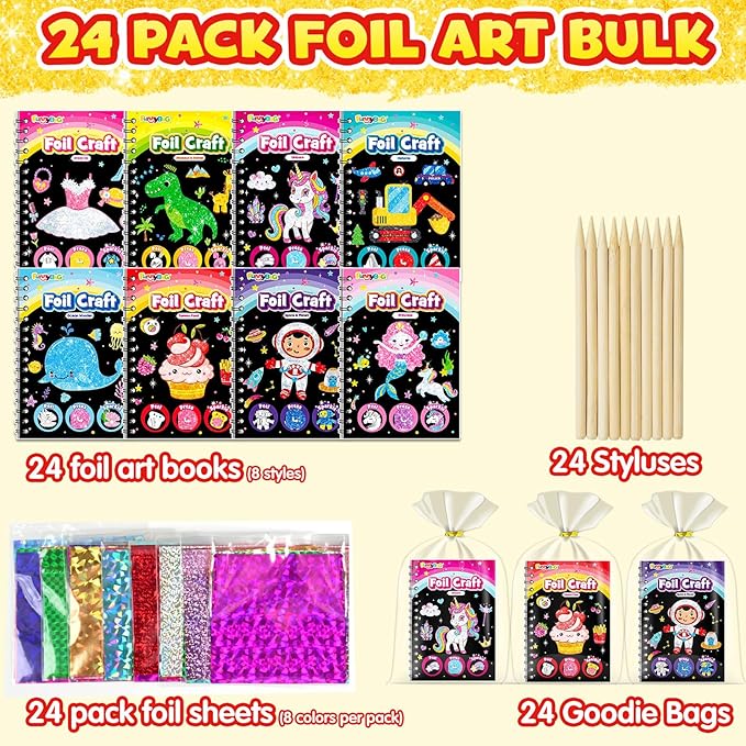 FUNNYB&G Foil Art Party Favors for Kids - 24 Pack Foil Art Crafts Kits Coloring Books, Goodie Bag Stuffers Party Favors for Kids 4-8 8-12, Bulk Birthday Classroom Prizes Girls Boys Gifts Halloween