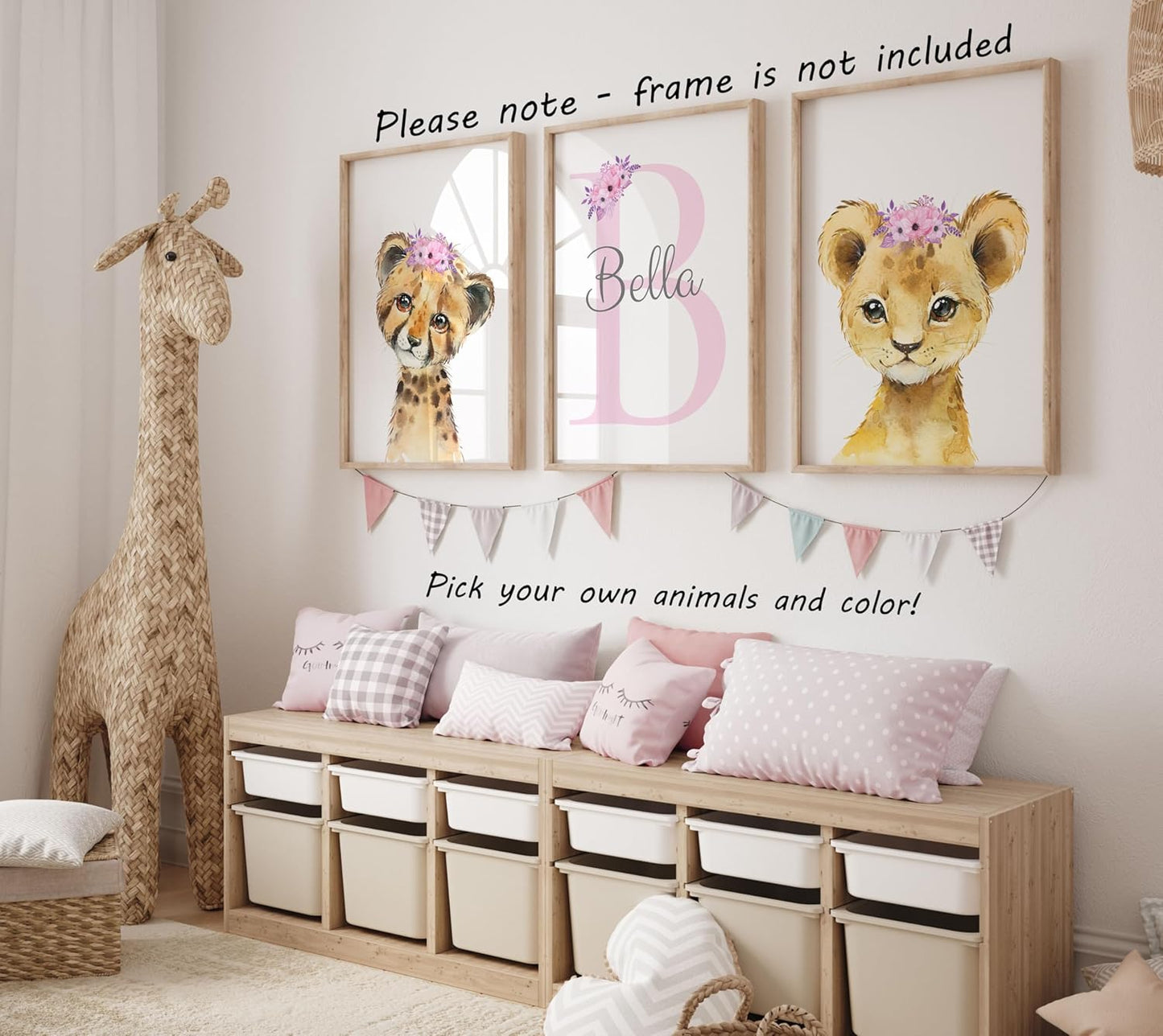 Personalized Safari Animals for Baby Girls Nursery, Set of 3 Unframed Poster Prints, Personalized Name Pink Lilac Floral, Girls Bedroom Decor, Elephant Giraffe (9x12)