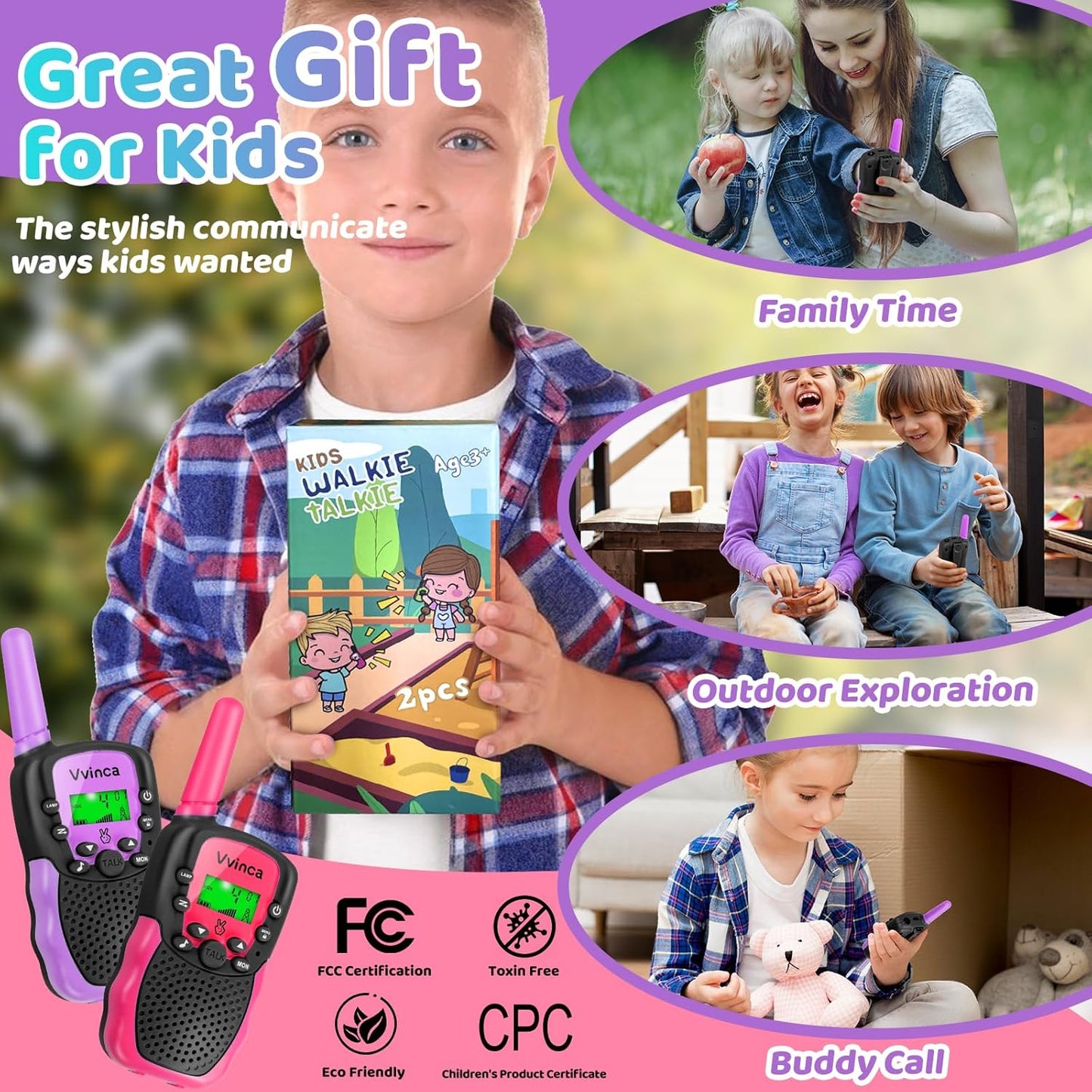 Vvinca Rechargeable Walkie Talkies for Kids, Toys for Ages 5-7 Birthday Gift for 3-12 Year Old Girl Boy with Flashlight 22 Channel 2 Way Radio 3 Mile Long Range Walkie Talkie for Outdoor Game Camping