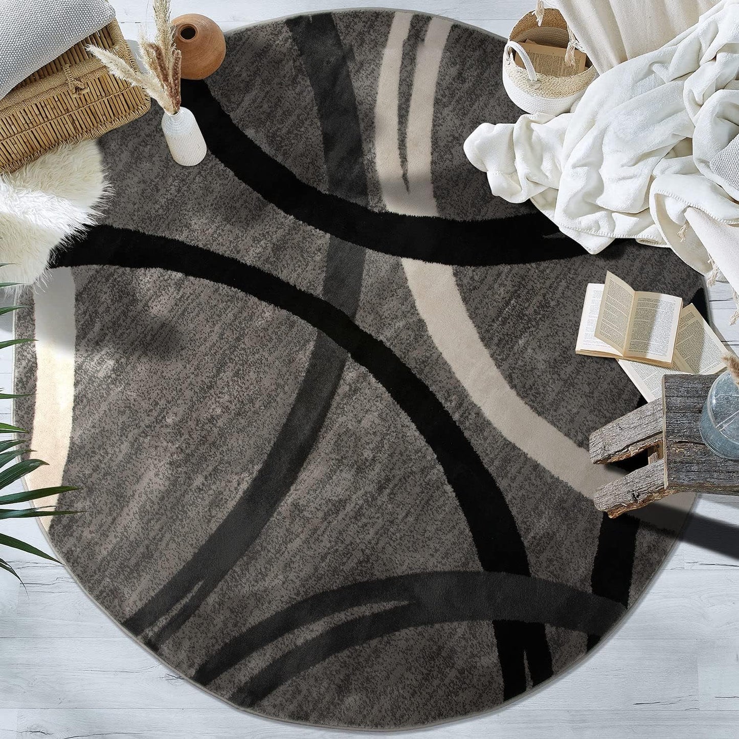 Rugshop Modern Wavy Circles Design Round Area Rug 8' Gray